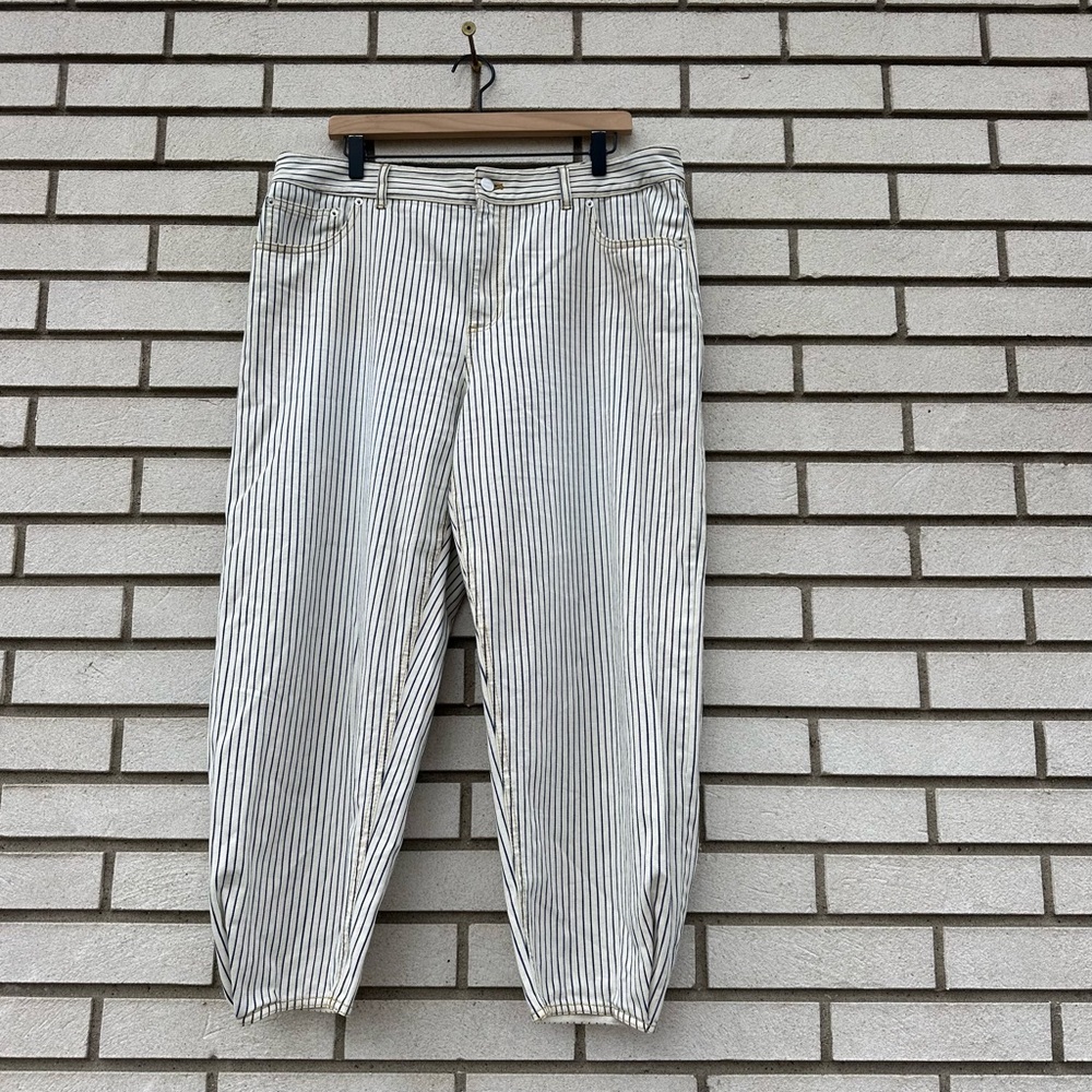 Tibi Brancusi Railroad Stripe Barrel Jean Navy White Cotton 32 Workwear Utility